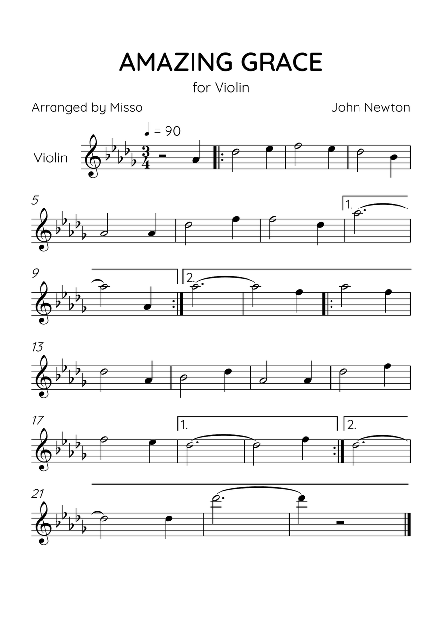 Amazing Grace - Violin Solo in Db Major - Beginner Level Violin Solo scores gallery preview page 1