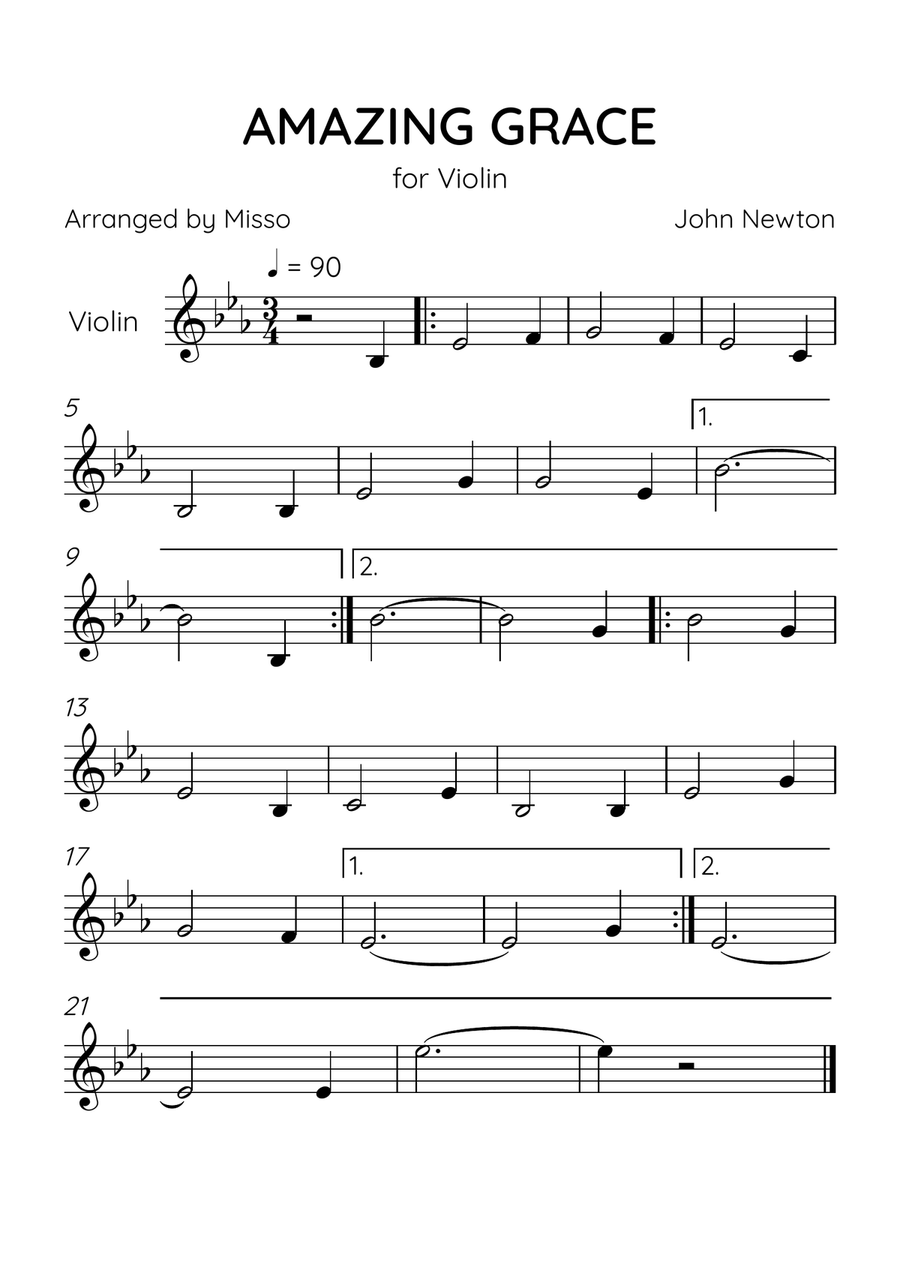 Amazing Grace - Violin Solo in Eb Major - Beginner Level Violin Solo scores gallery preview page 1