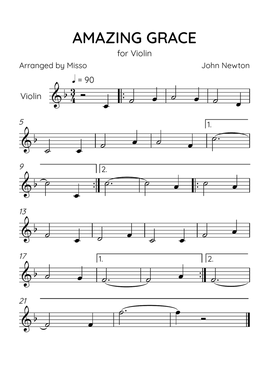 Amazing Grace - Violin Solo in F Major - Beginner Level Violin Solo scores gallery preview page 1