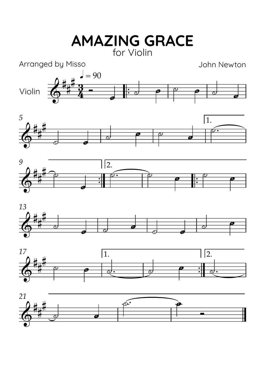 Amazing Grace - Violin Solo in A Major - Beginner Level Letter Names Violin Solo scores gallery preview page 1