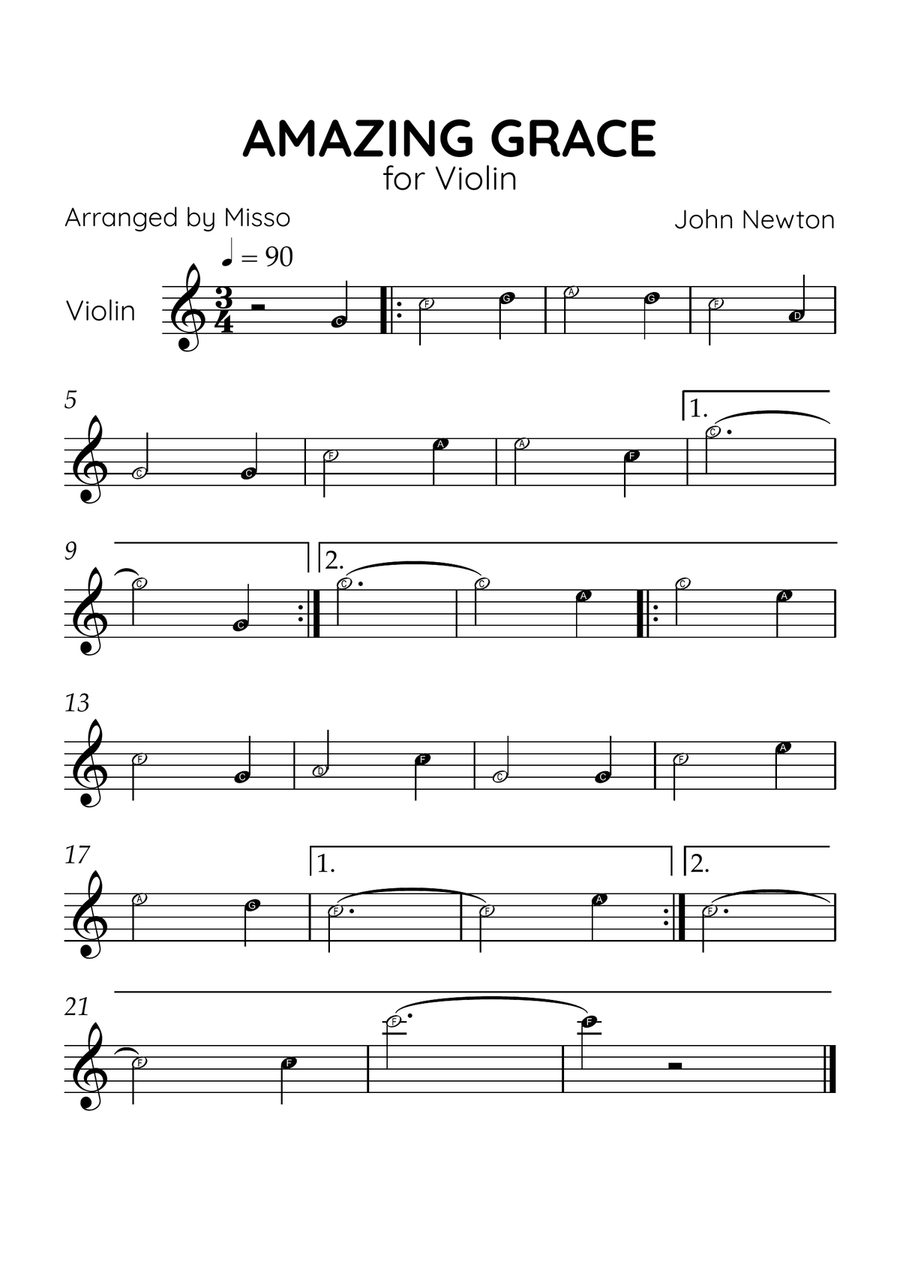 Amazing Grace - Violin Solo in C Major - Beginner Level Letter Names Violin Solo scores gallery preview page 1