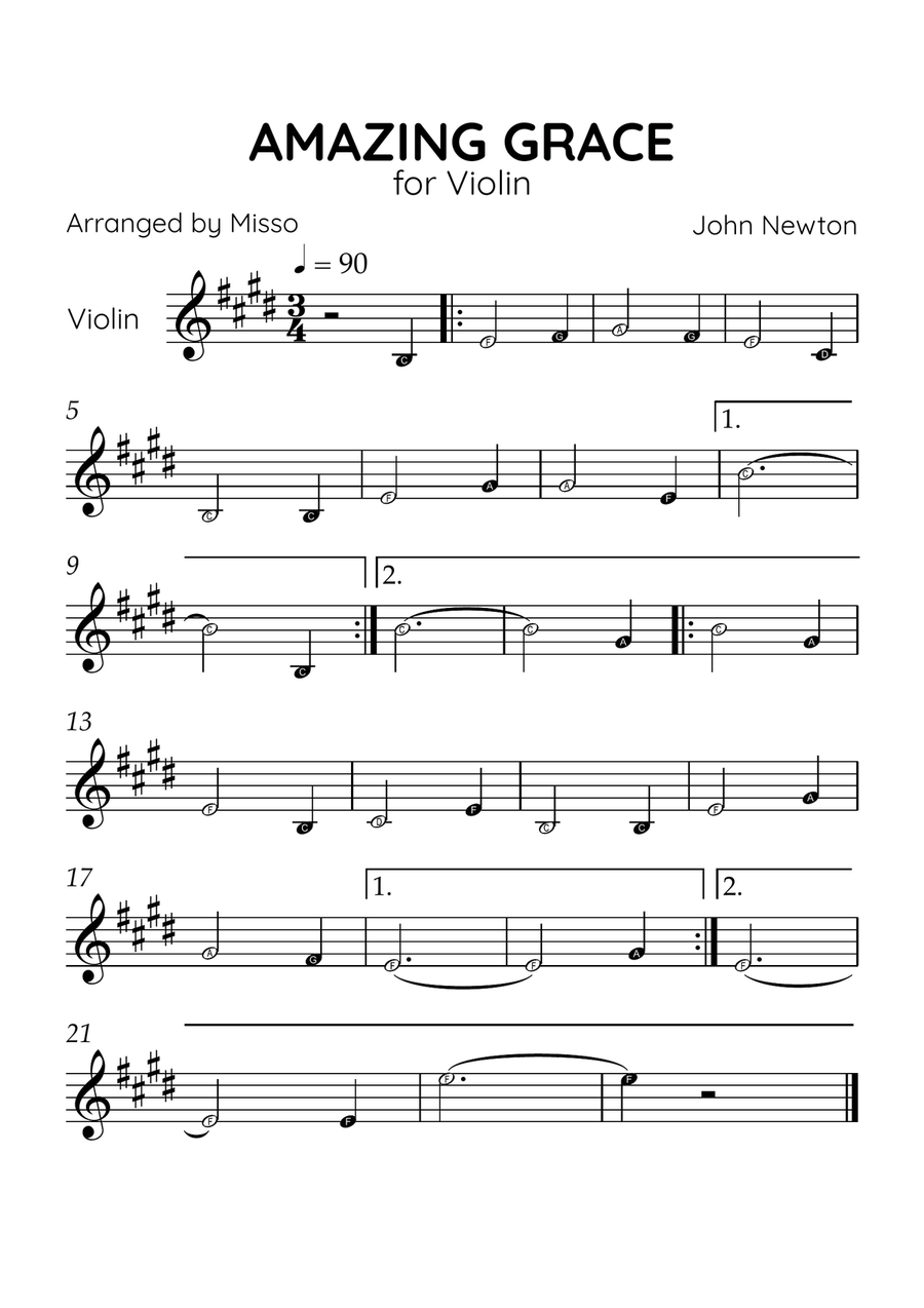 Amazing Grace - Violin Solo in E Major - Beginner Level Letter Names Violin Solo scores gallery preview page 1