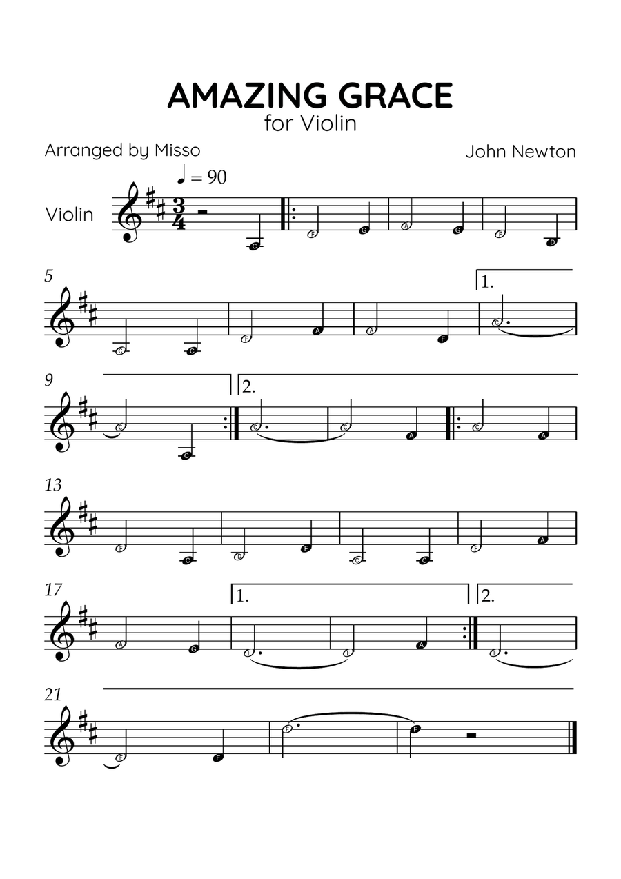 Amazing Grace - Violin Solo in D Major - Beginner Level Letter Names Violin Solo scores gallery preview page 1