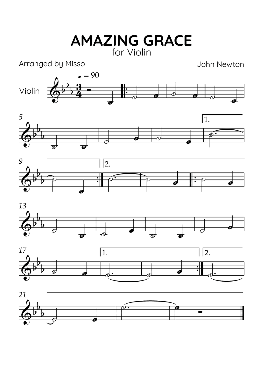 Amazing Grace - Violin Solo in Eb Major - Beginner Level Letter Names Violin Solo scores gallery preview page 1