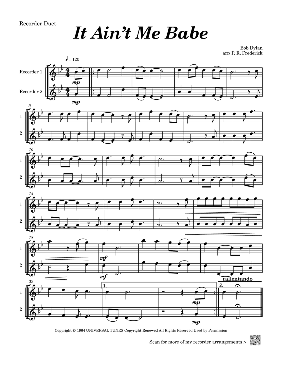 It Ain't Me, Babe It Ain't Me, Babe Woodwind Duet scores gallery preview page 1
