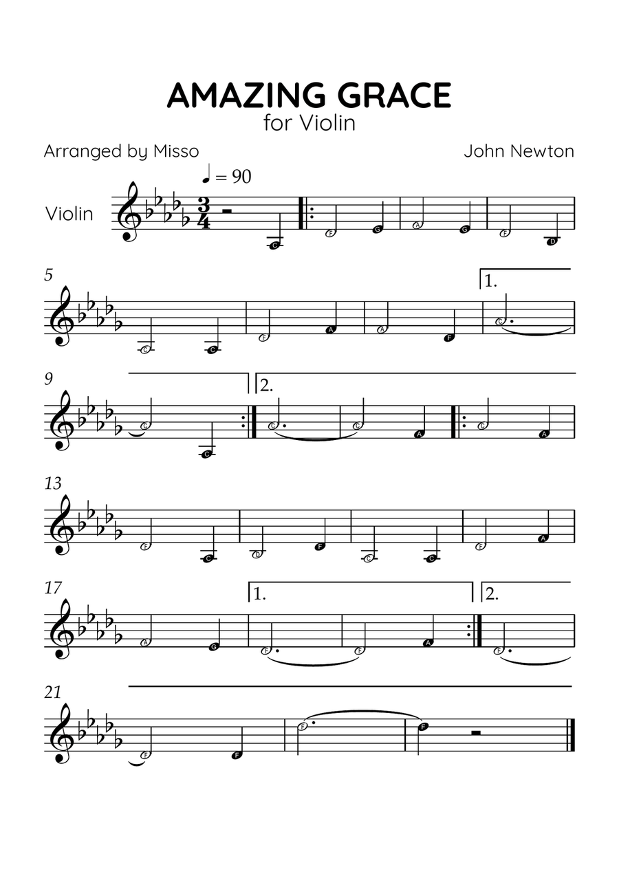 Amazing Grace - Violin Solo in Db Major - Beginner Level Letter Names Violin Solo scores gallery preview page 1