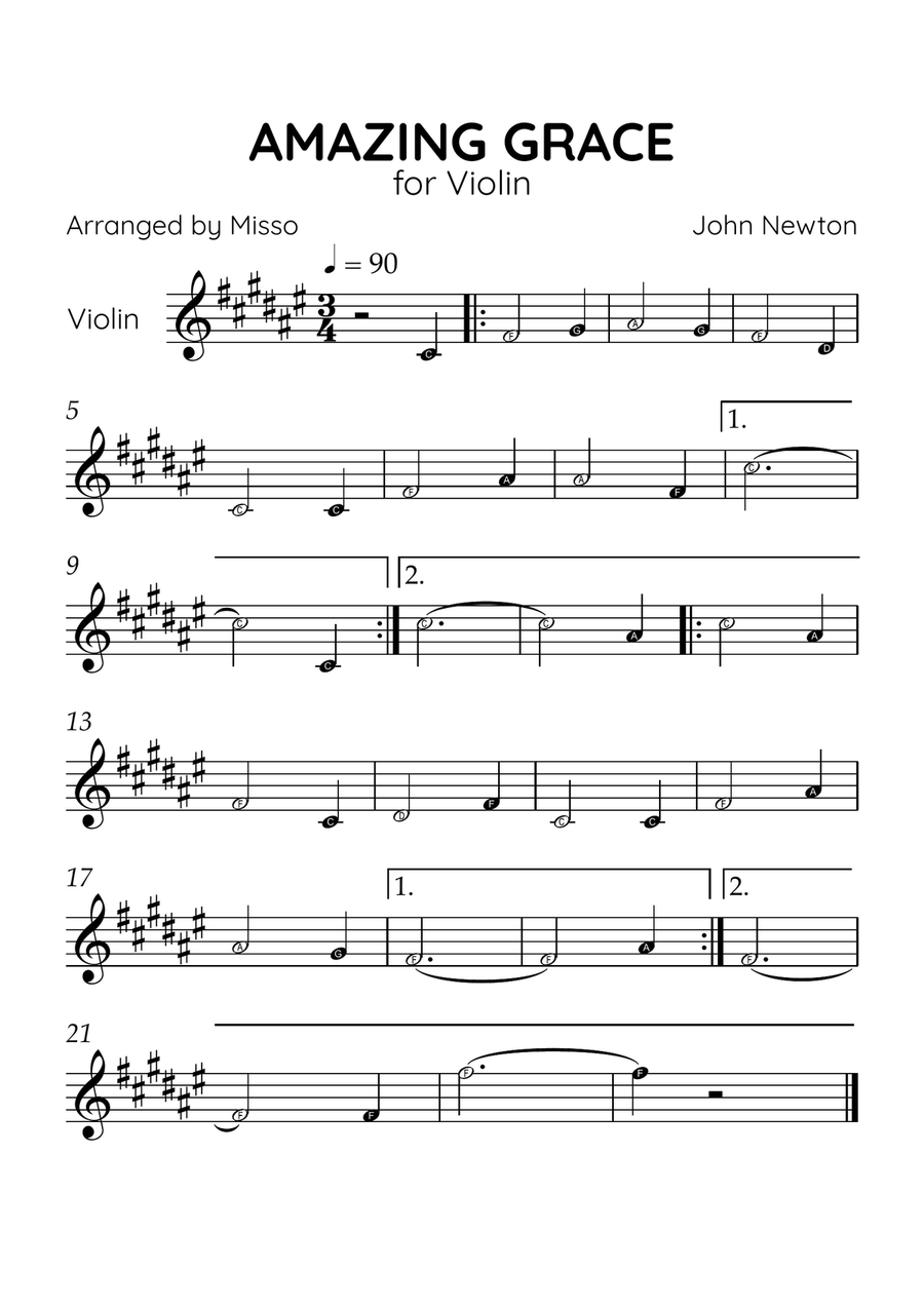 Amazing Grace - Violin Solo in F# Major - Beginner Level Letter Names Violin Solo scores gallery preview page 1