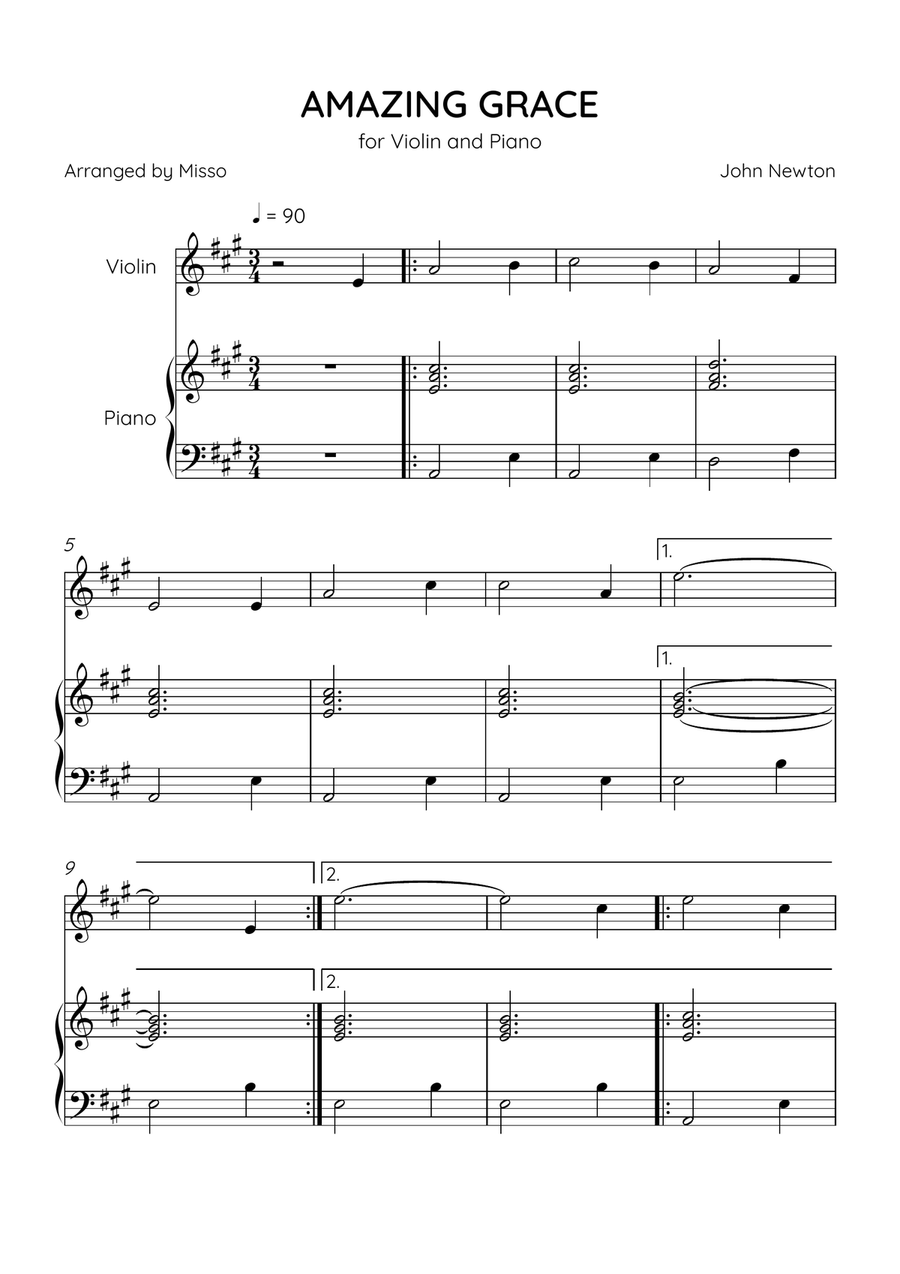 Amazing Grace - Violin and Piano in A Major - Beginner Level Violin Solo scores gallery preview page 1