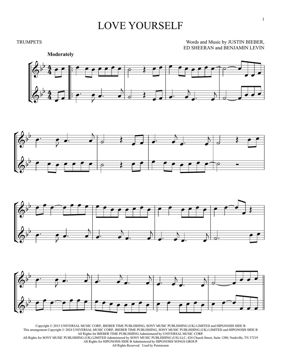 Love Yourself Love Yourself Trumpet Duet scores gallery preview page 1