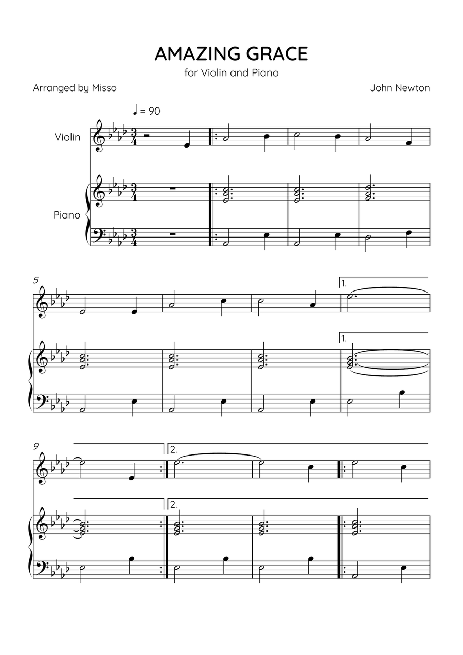 Amazing Grace - Violin and Piano in Ab Major - Beginner Level Violin Solo scores gallery preview page 1