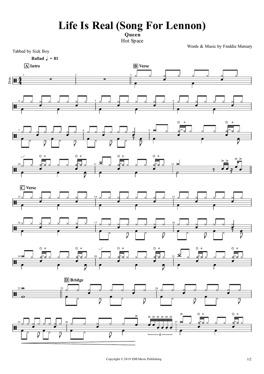Life Is Real (Song For Lennon) Drum Set scores gallery preview page 1