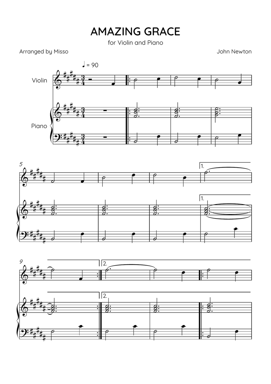 Amazing Grace - Violin and Piano in B Major - Beginner Level Violin Solo scores gallery preview page 1