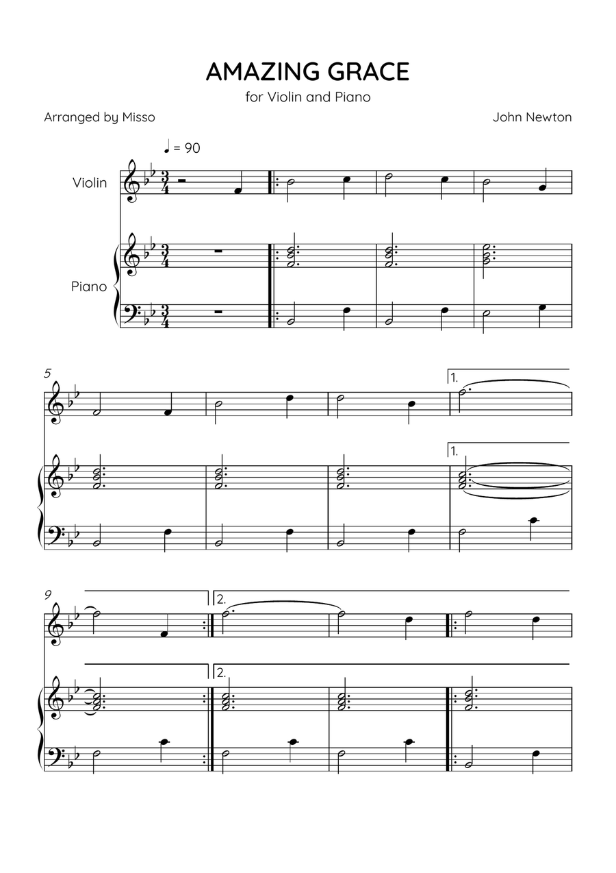 Amazing Grace - Violin and Piano in Bb Major - Beginner Level Violin Solo scores gallery preview page 1