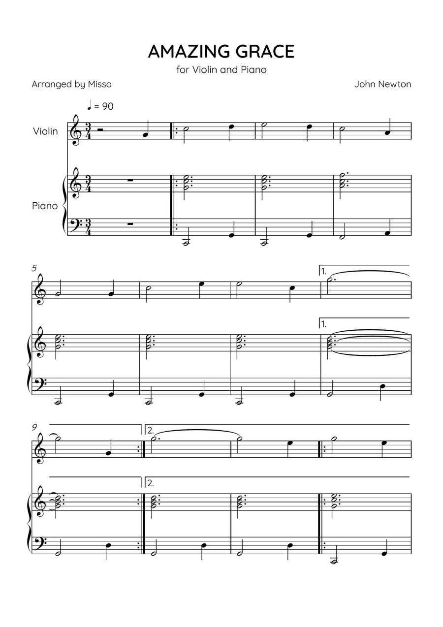 Amazing Grace - Violin and Piano in C Major - Beginner Level Violin Solo scores gallery preview page 1