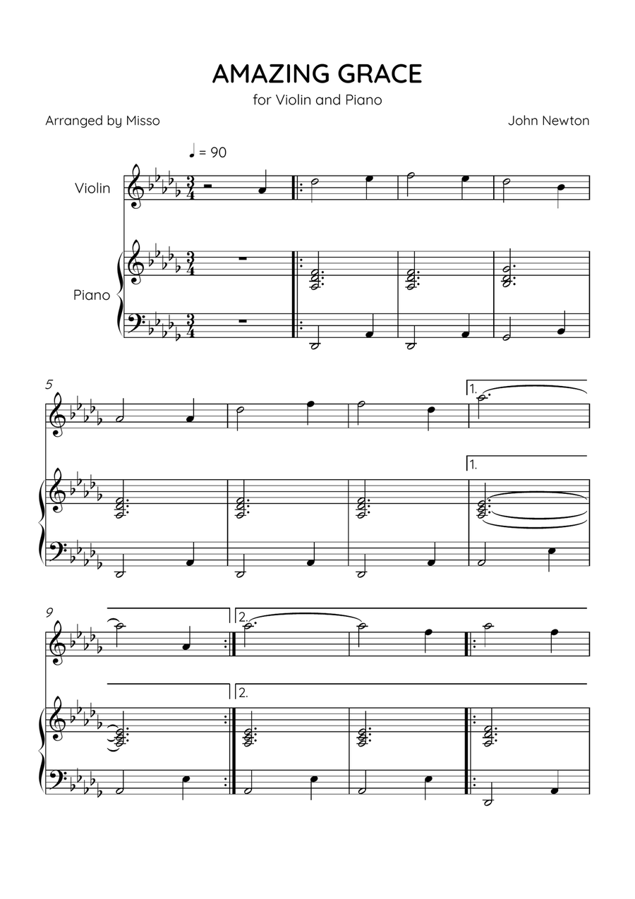 Amazing Grace - Violin and Piano in Db Major - Beginner Level Violin Solo scores gallery preview page 1