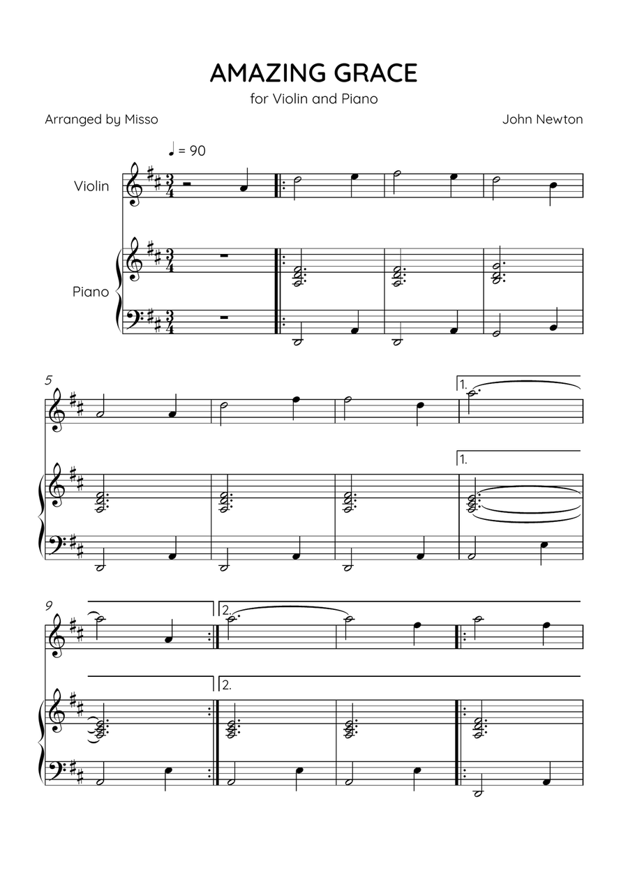 Amazing Grace - Violin and Piano in D Major - Beginner Level Violin Solo scores gallery preview page 1