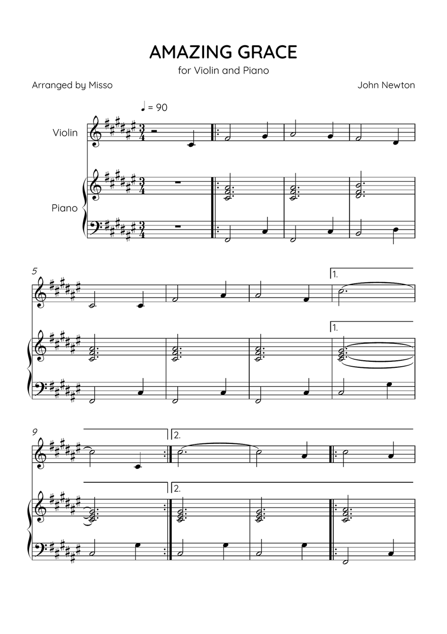 Amazing Grace - Violin and Piano in F# Major - Beginner Level Violin Solo scores gallery preview page 1