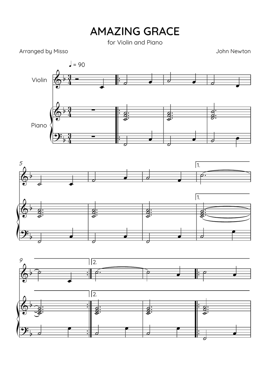 Amazing Grace - Violin and Piano in F Major - Beginner Level Violin Solo scores gallery preview page 1