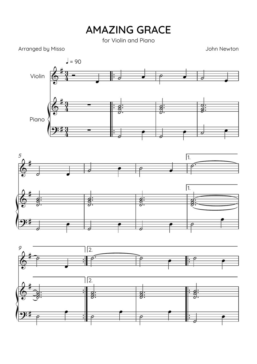 Amazing Grace - Violin and Piano in G Major - Beginner Level Violin Solo scores gallery preview page 1