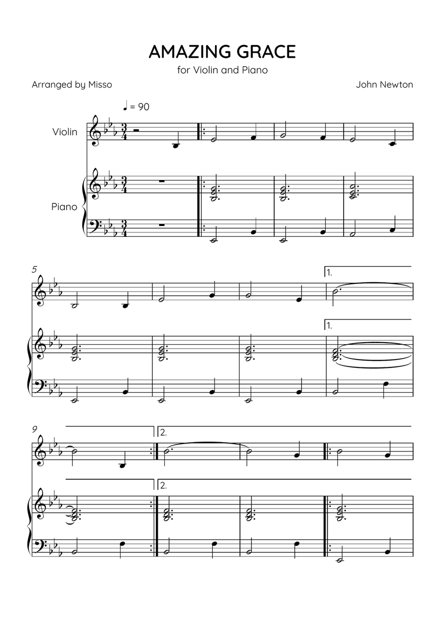 Amazing Grace - Violin and Piano in Eb Major - Beginner Level Violin Solo scores gallery preview page 1