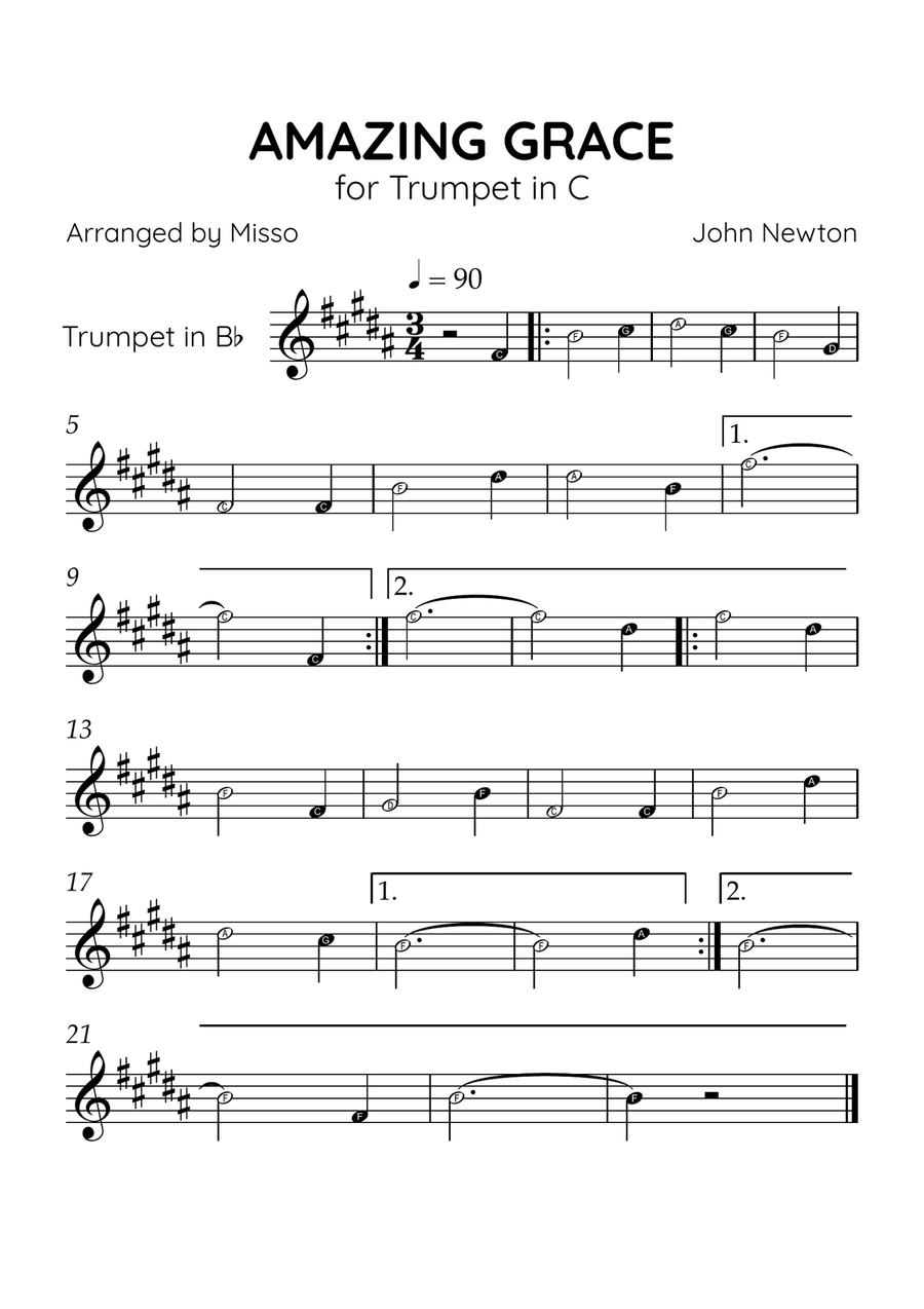 Amazing Grace - Trumpet in B Major - Beginner Level Letter Names C Trumpet scores gallery preview page 1