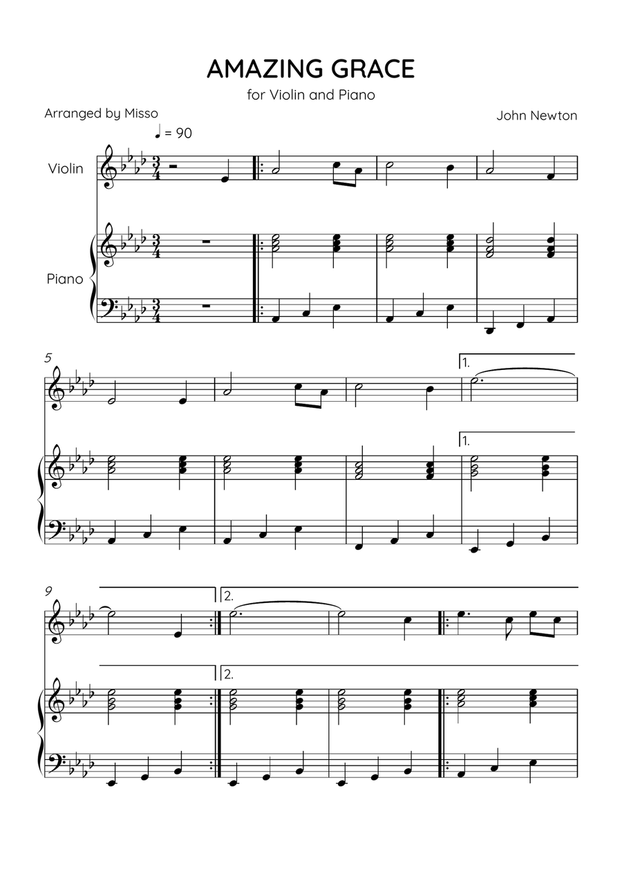 Amazing Grace - Violin and Piano in Ab Major - Easy Level Violin Solo scores gallery preview page 1