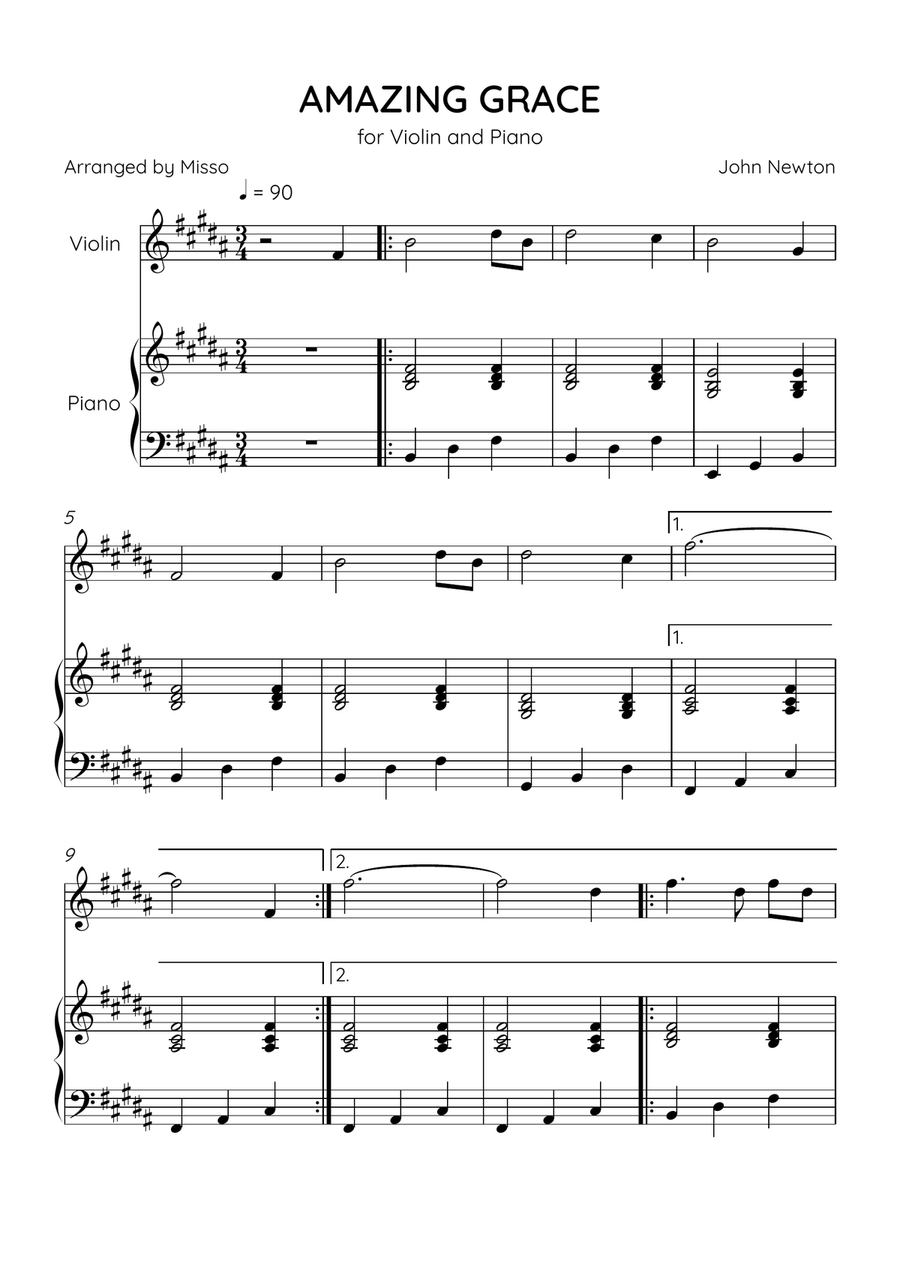 Amazing Grace - Violin and Piano in B Major - Easy Level Violin Solo scores gallery preview page 1