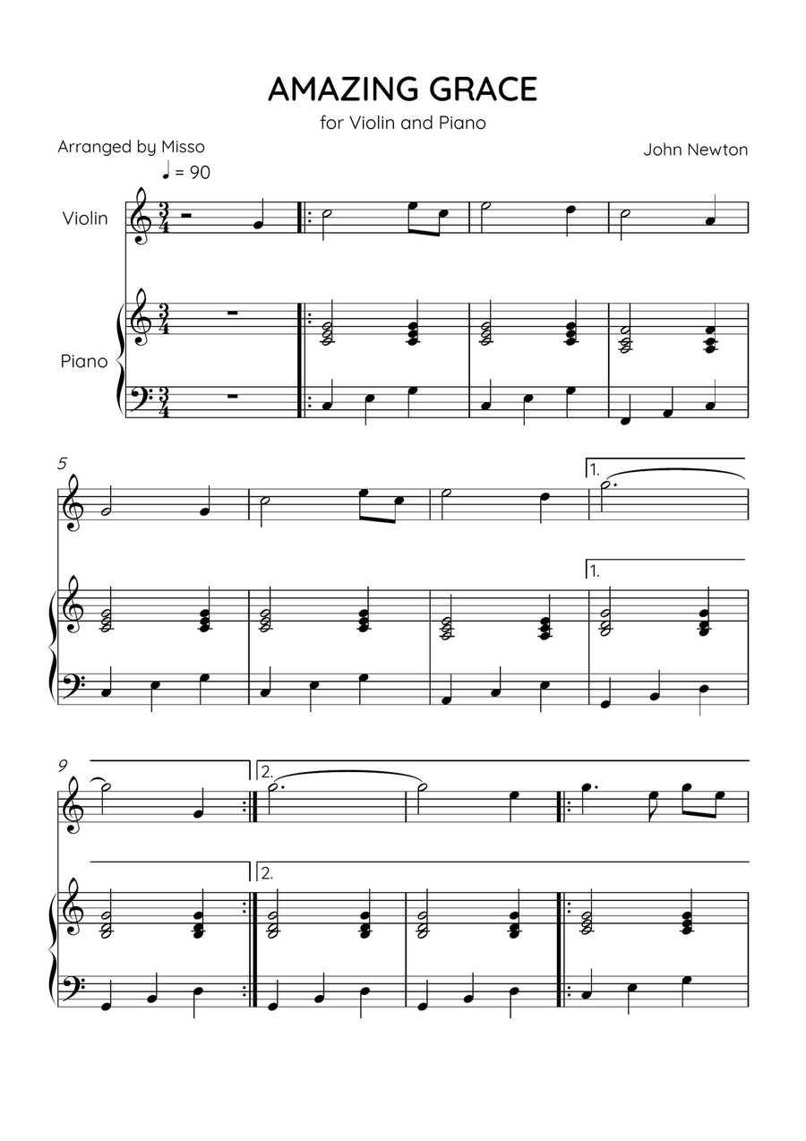 Amazing Grace - Violin and Piano in C Major - Easy Level Violin Solo scores gallery preview page 1