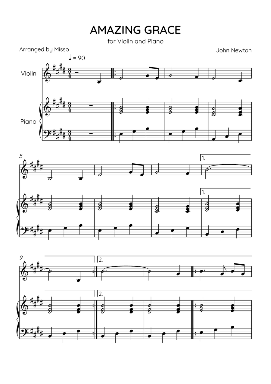 Amazing Grace - Violin and Piano in E Major - Easy Level Violin Solo scores gallery preview page 1