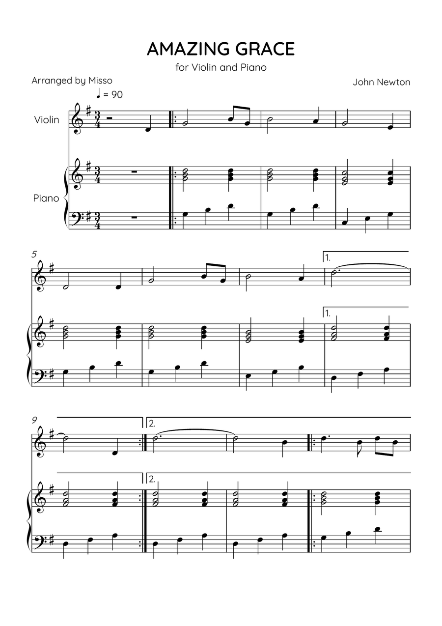 Amazing Grace - Violin and Piano in G Major - Easy Level Violin Solo scores gallery preview page 1