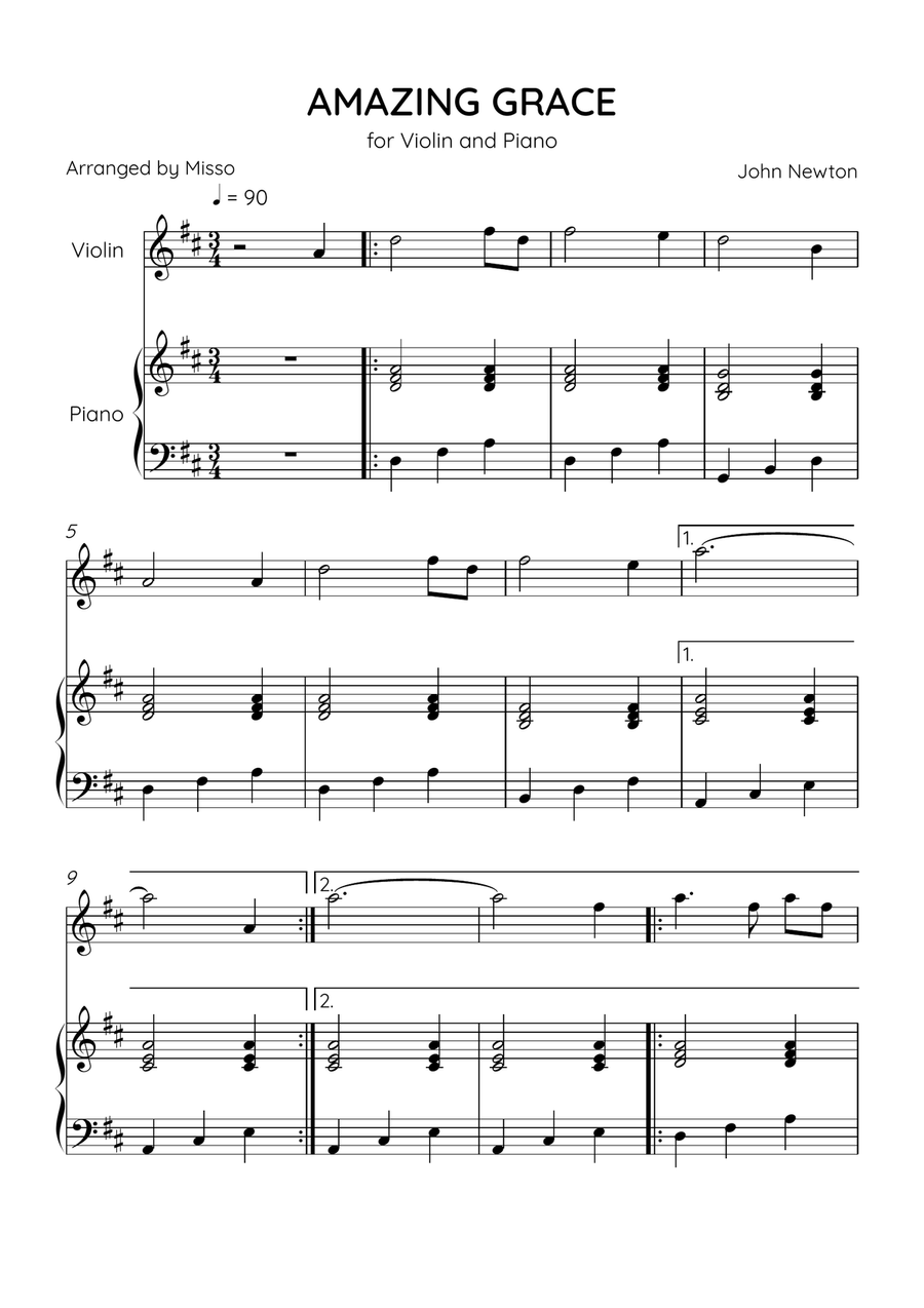 Amazing Grace - Violin and Piano in D Major - Easy Level Violin Solo scores gallery preview page 1