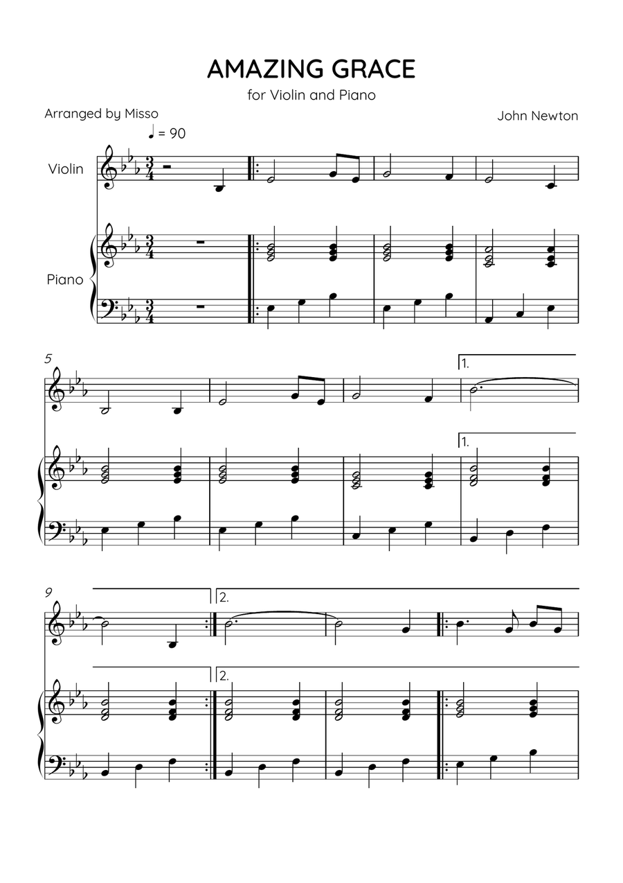 Amazing Grace - Violin and Piano in Eb Major - Easy Level Violin Solo scores gallery preview page 1