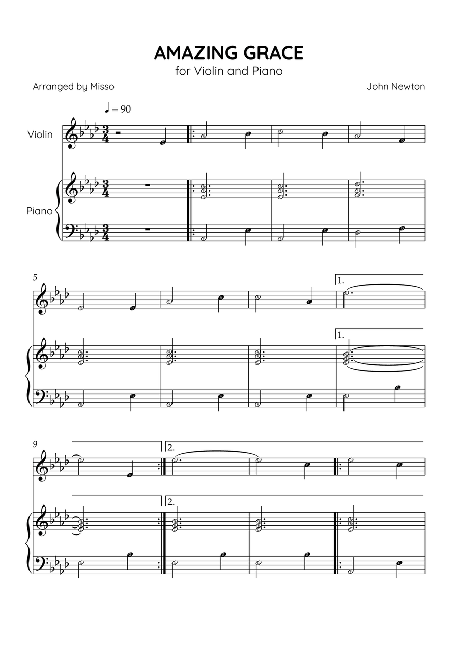 Amazing Grace - Violin and Piano in Ab Major - Beginner Level Letter Names Violin Solo scores gallery preview page 1