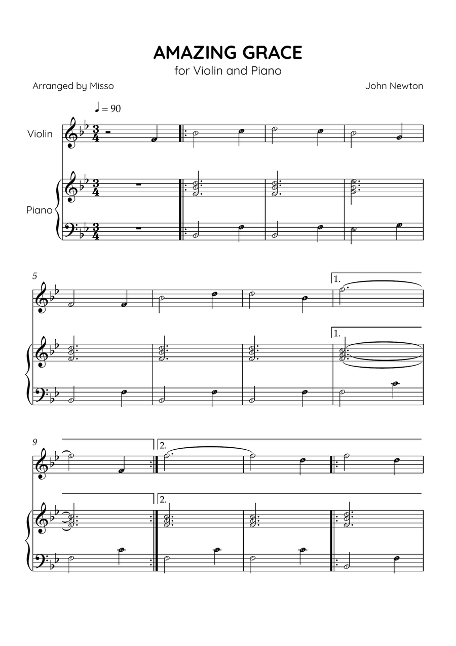Amazing Grace - Violin and Piano in Bb Major - Beginner Level Letter Names Violin Solo scores gallery preview page 1