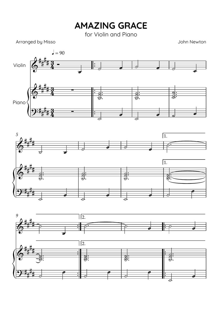 Amazing Grace - Violin and Piano in Eb Major - Beginner Level Letter Names Violin Solo scores gallery preview page 1