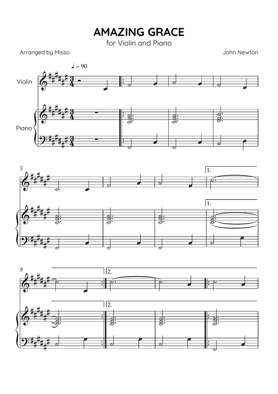 Amazing Grace - Violin and Piano in F# Major - Beginner Level Letter Names Violin Solo scores gallery preview page 1
