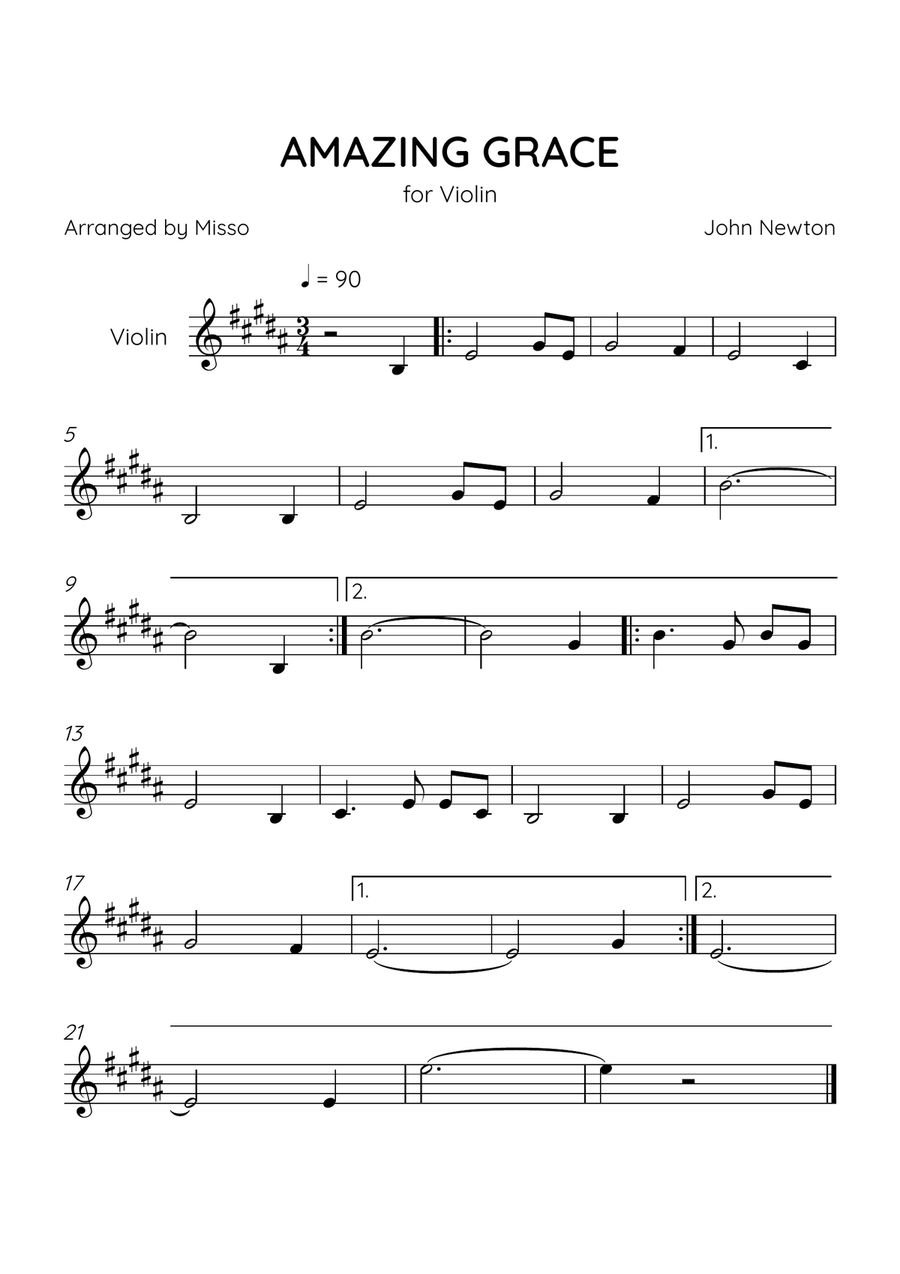 Amazing Grace - Violin Solo in B Major - Easy Level Violin Solo scores gallery preview page 1