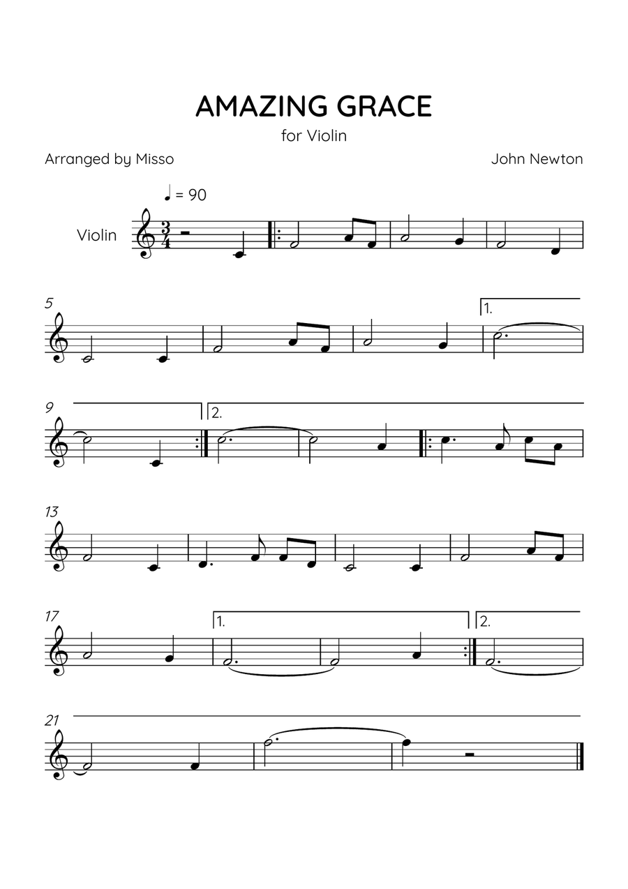Amazing Grace - Violin Solo in C Major - Easy Level Violin Solo scores gallery preview page 1