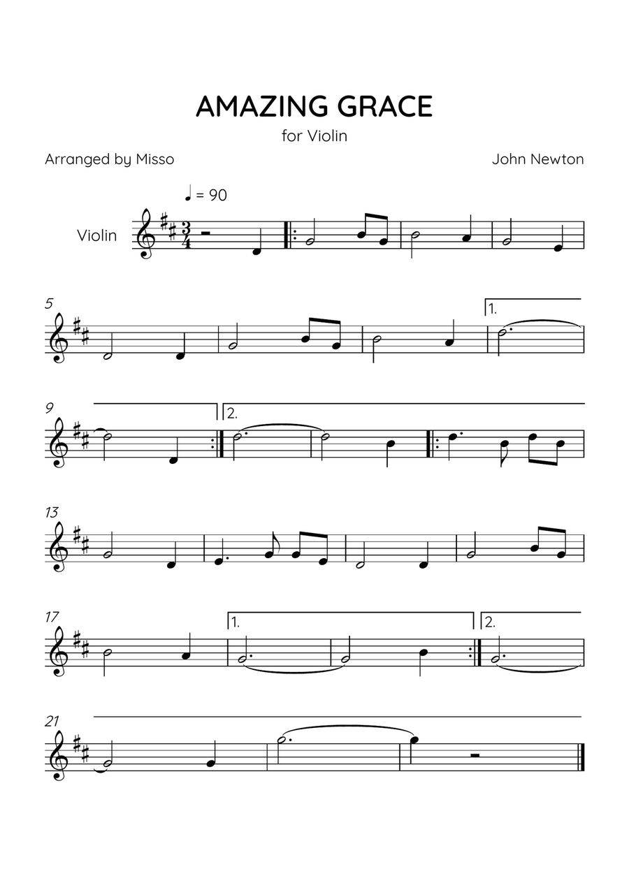 Amazing Grace - Violin Solo in D Major - Easy Level Violin Solo scores gallery preview page 1