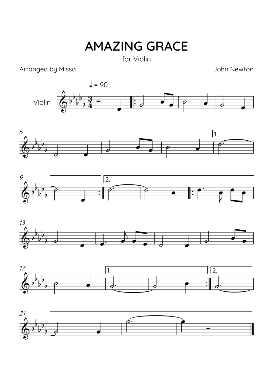 Amazing Grace - Violin Solo in Db Major - Easy Level Violin Solo scores gallery preview page 1