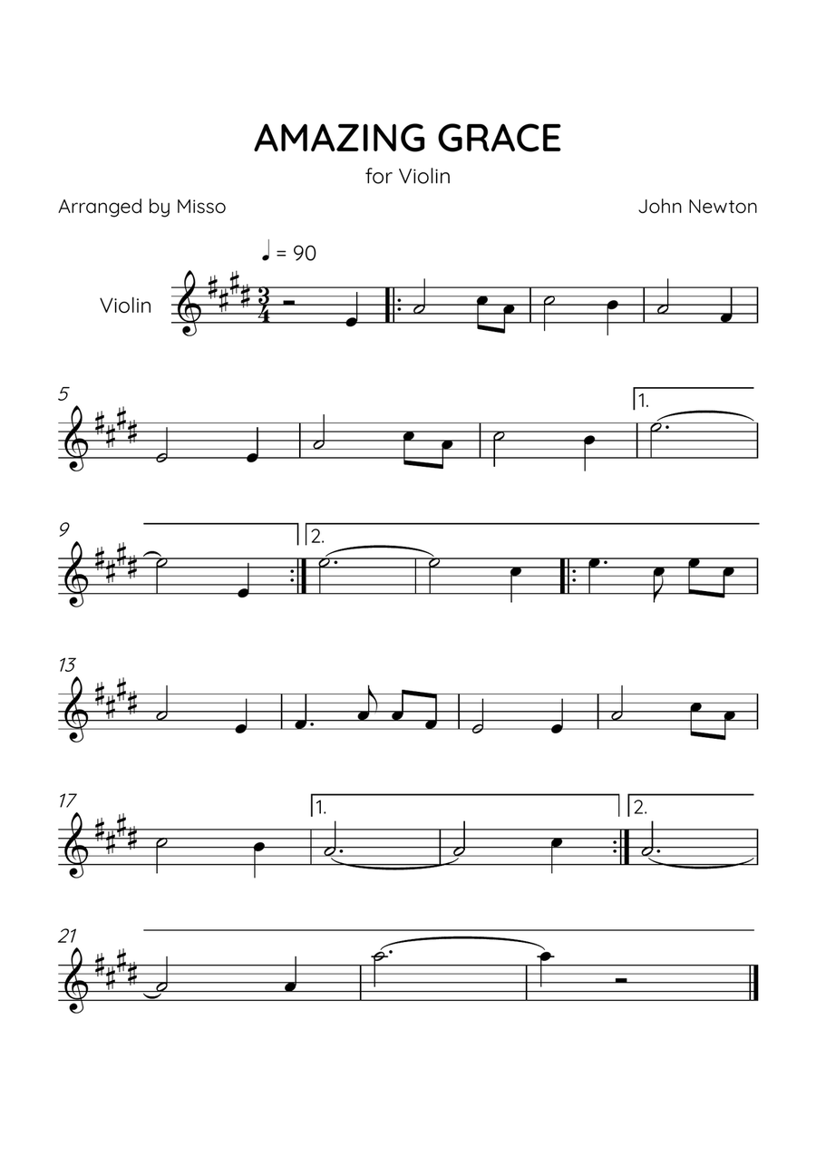 Amazing Grace - Violin Solo in E Major - Easy Level Violin Solo scores gallery preview page 1
