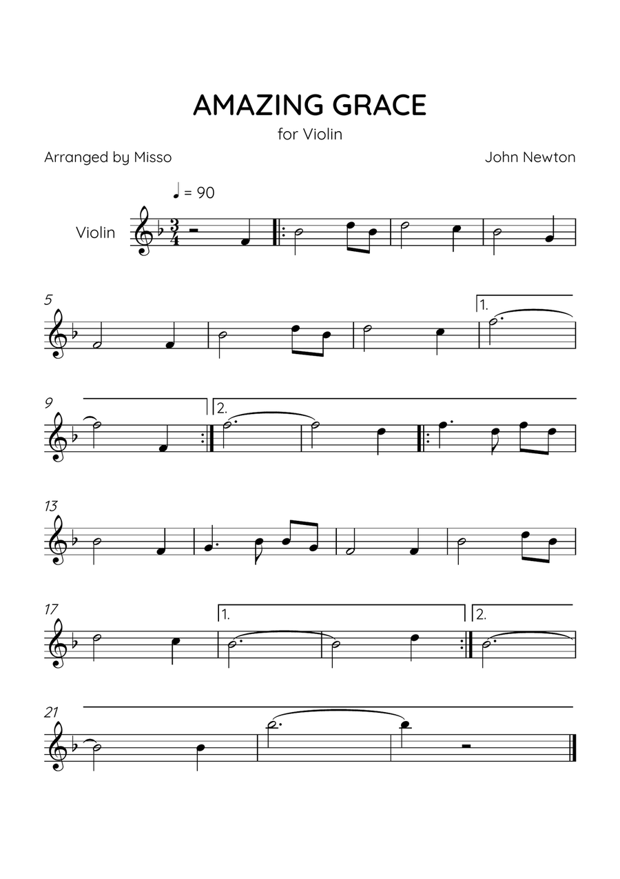 Amazing Grace - Violin Solo in F Major - Easy Level Violin Solo scores gallery preview page 1