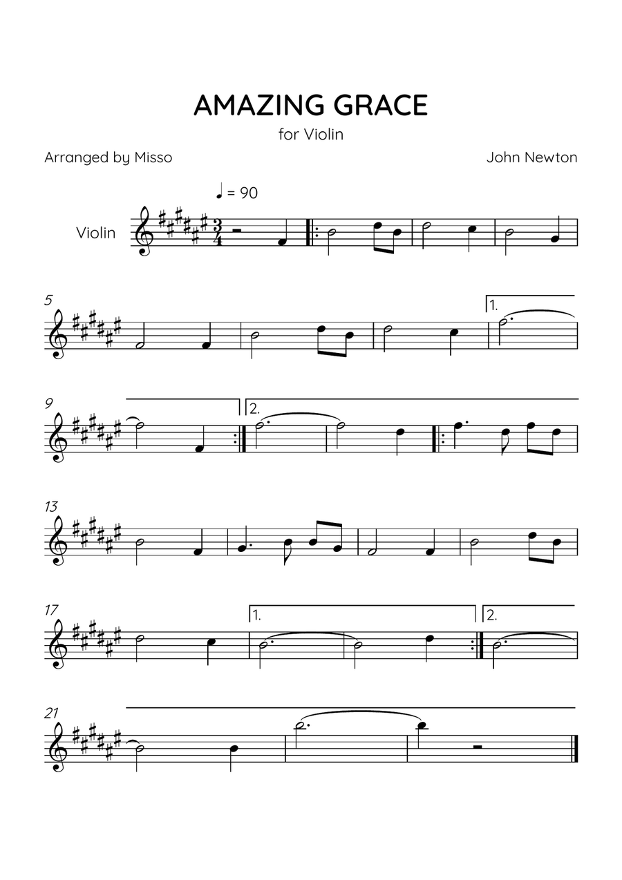 Amazing Grace - Violin Solo in F# Major - Easy Level Violin Solo scores gallery preview page 1