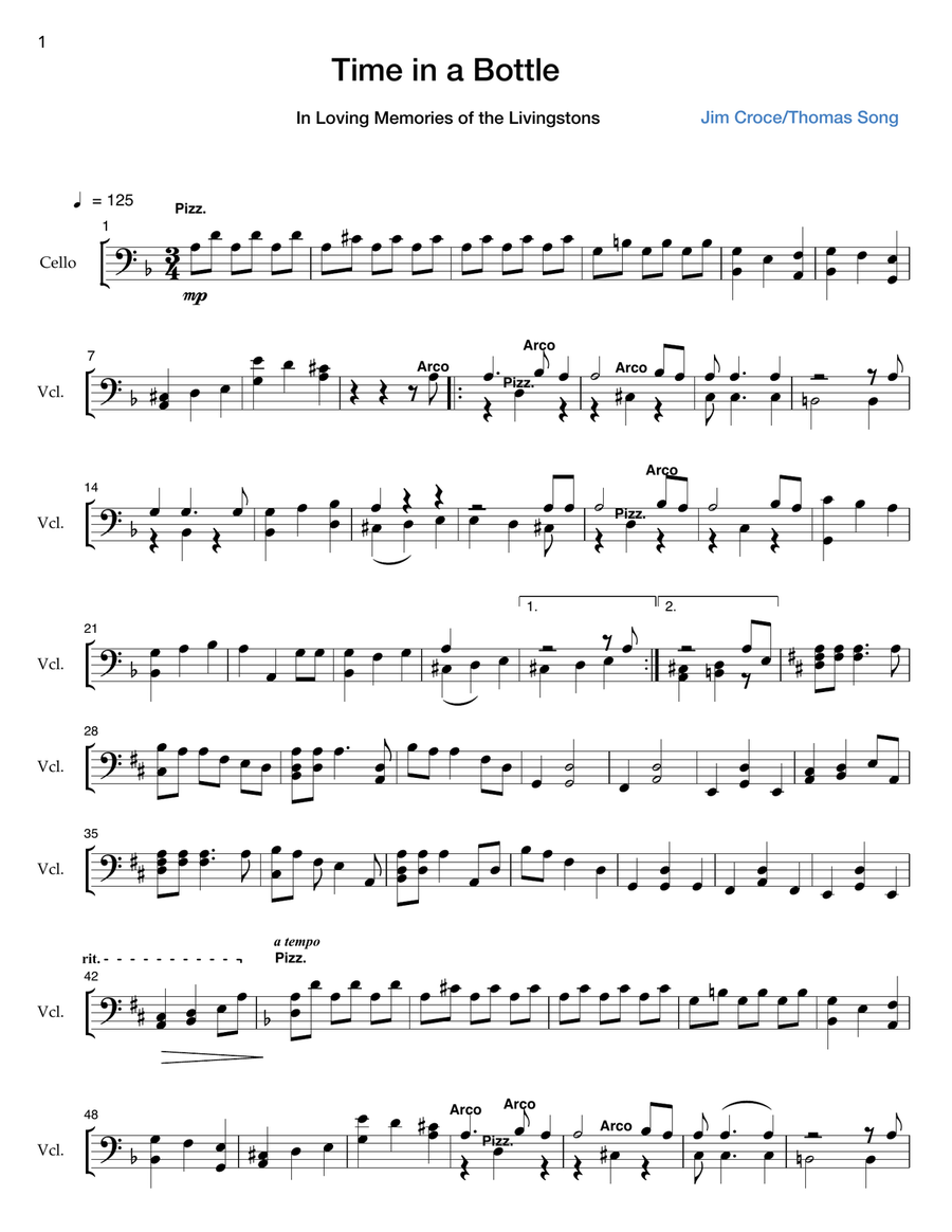 Time In A Bottle Cello Solo scores gallery preview page 1