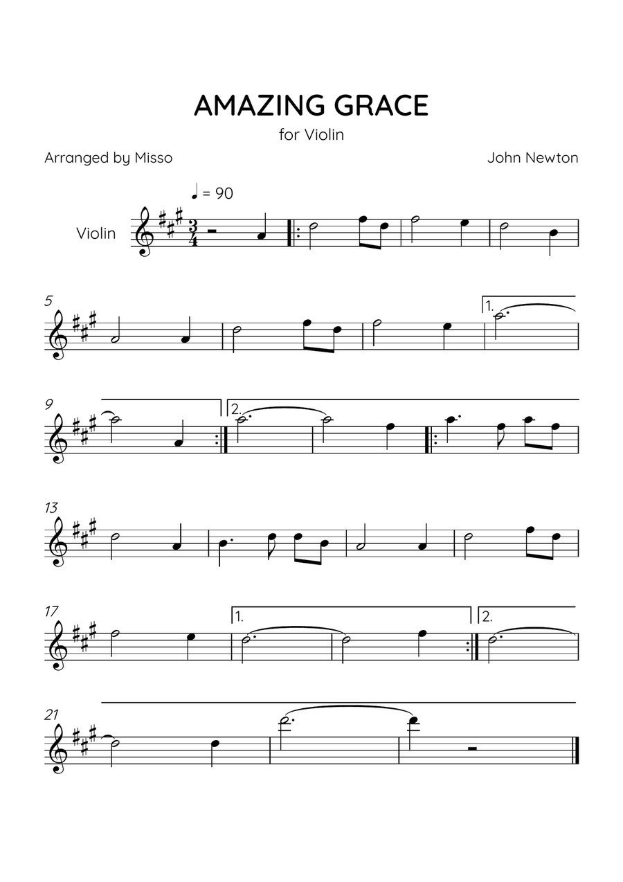 Amazing Grace - Violin Solo in A Major - Easy Level Violin Solo scores gallery preview page 1