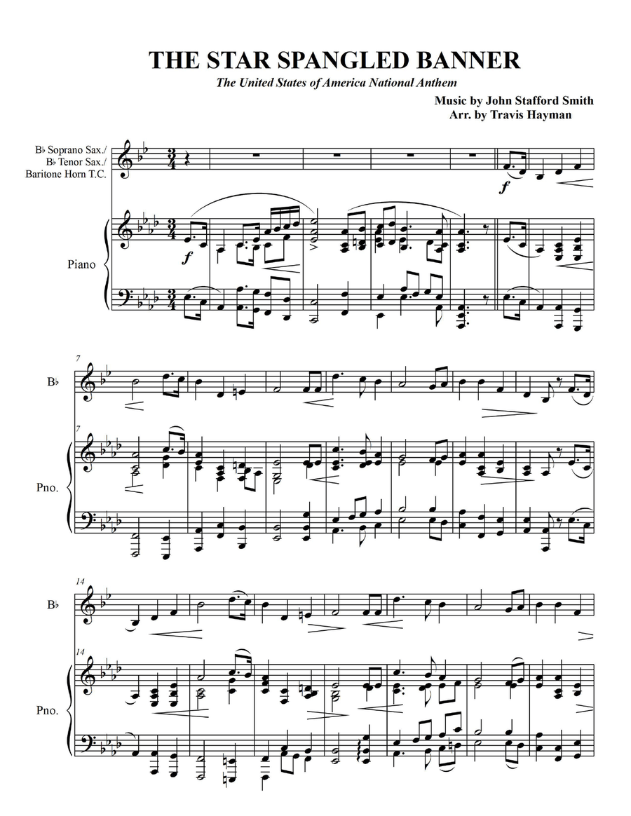The Star Spangled Banner - for Bb Soprano Sax./Bb Tenor Sax./ Baritone Horn T.C. with Piano Accomp. Tenor Saxophone scores gallery preview page 3