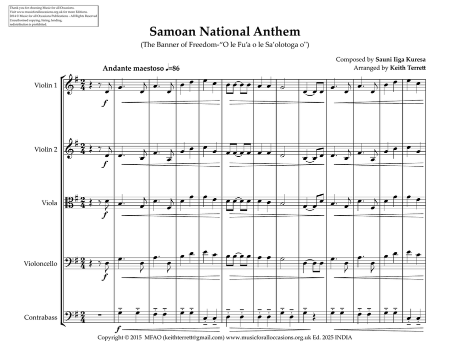 Samoan National Anthem for String Orchestra String Orchestra scores gallery preview page 2