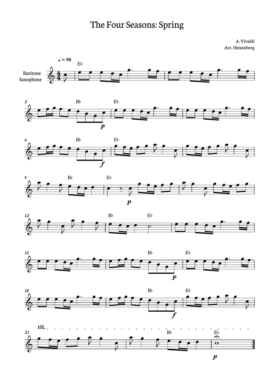 Spring - Four Seasons Vivaldi - Baritone Sax with chords Baritone Saxophone scores gallery preview page 1