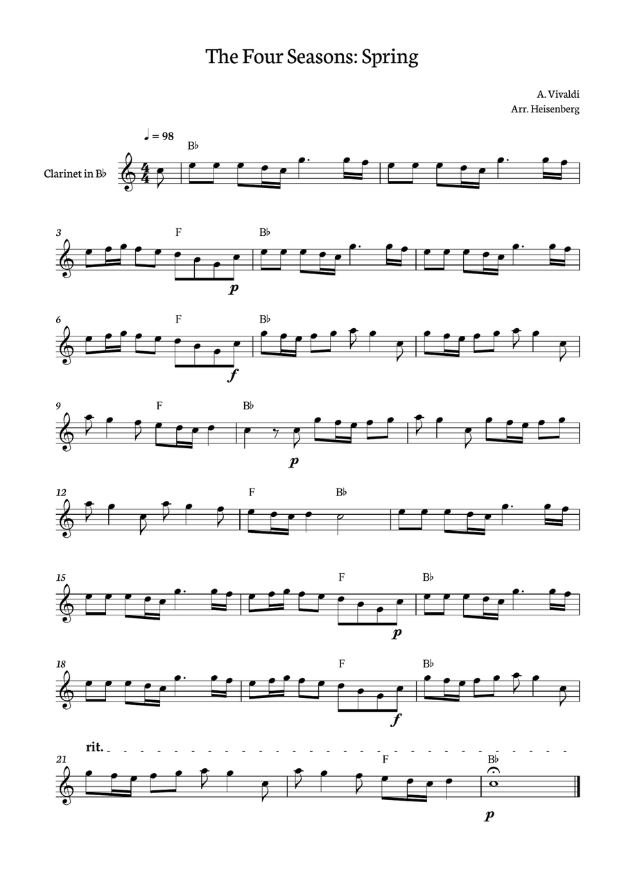 Spring - Four Seasons Vivaldi - Clarinet with chords B-Flat Clarinet scores gallery preview page 1