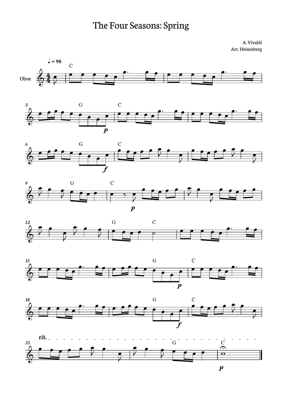 Spring - Four Seasons Vivaldi - Oboe with chords Oboe Solo scores gallery preview page 1